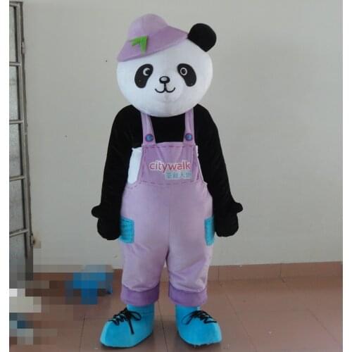 High quality Black Giant Panda Bear Bearcat Mascot Costume With Small Ears Bright Big Eyes Purple Clothes free shipping