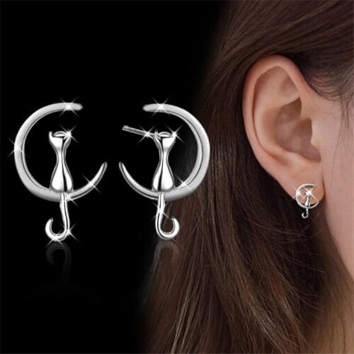 1 Pair Womens Girls Classic Cute Moon And Cats Ear Stud Earrings Fashion Jewelry E0771