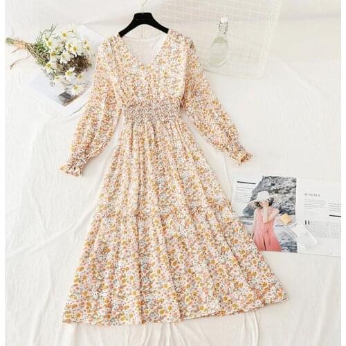 Vintage Printing Women Dress 2021 Spring Summer Fashion Long Sleeve A-line Chiffon Dress Casual Midi Vestidos Office Lady
