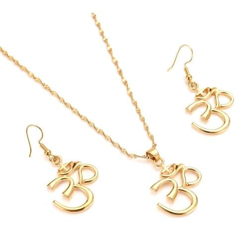 Gold Indian Necklace OHM Hindu Buddhist AUM OM Necklace Pendant earring Hinduism Yoga India Vintage Jewelry set wedding gifts