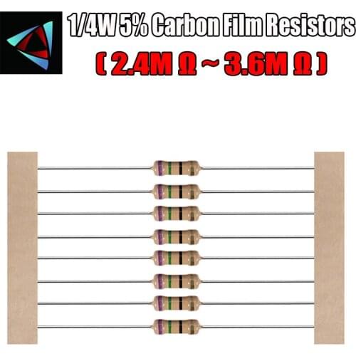 100pcs 1/4W 5% Carbon Film Resistor 2.4M 2.7M 3M 3.3M 3.6M ohm