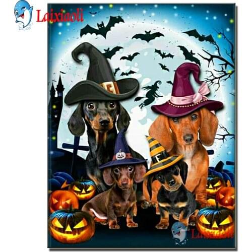 Sausage dog Diamond Painting dachshund Full Square Drill Cartoon Embroidery Cross Stitch Kit Pumpkin bat Picture Halloween Decor