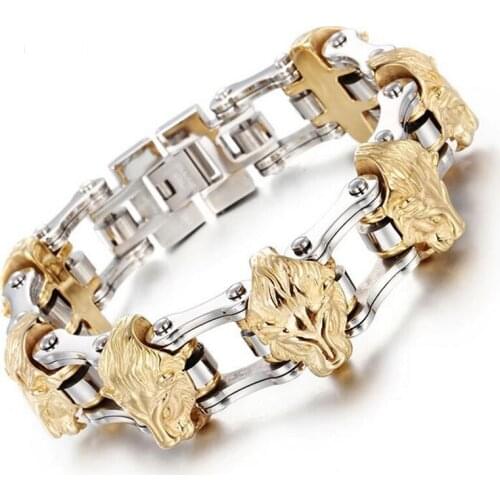 Punk Gothic Man Bike Biker Bracelet Jewelry Solid Heavy Men Gold 316L Stainless Steel Bicycle Chain Lion Heads Bracelets 21mm