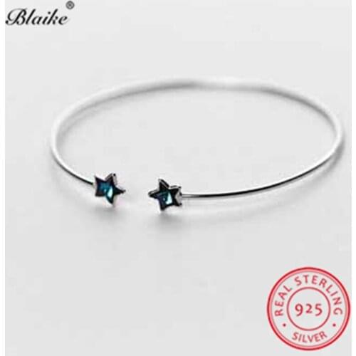 Girls s925 Sterling Silver Bangles Bracelets For Women Open Small Star Bracelet Blue Crystal Charm Bracelet Wedding Fine Jewelry