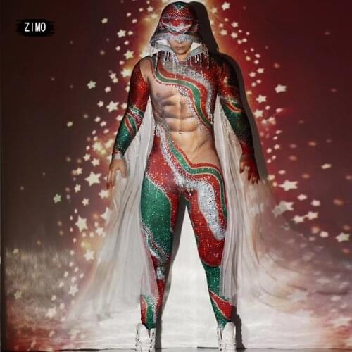 Christmas Party Red Tassel Rhinestone Jumpsuit Men sexy outfits for women Stretch Hooded Stage club Dancer cosplay Costumes rave