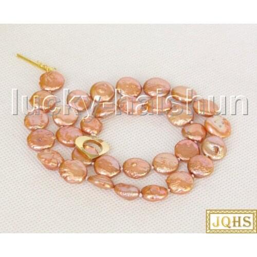JQHS 17" 12mm coin fastener dark champagne pearls beads Strand knotted necklace filled gold clasp j11203