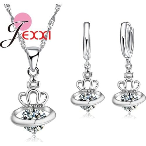 Shiny Crystal Crown Necklace + Earring Jewelry Set New Fashion Silver Exquisite Design Women Wedding Bridal Romantic Gifts
