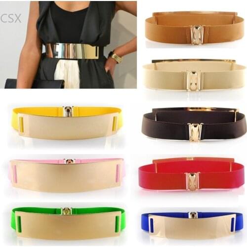 MwOiiOwM 2018 New Elastic Mirror Metal Waist Belt Leather Metallic Bling Gold Plate Wide Belt for Womens Dress Accessories