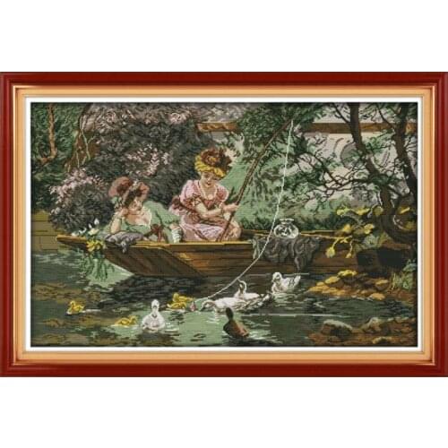 Riverside Duck 11CT 14CT Impression Counting Sewing Cross-stitch Kits Two little girls playing on the boat Handmade embroidery