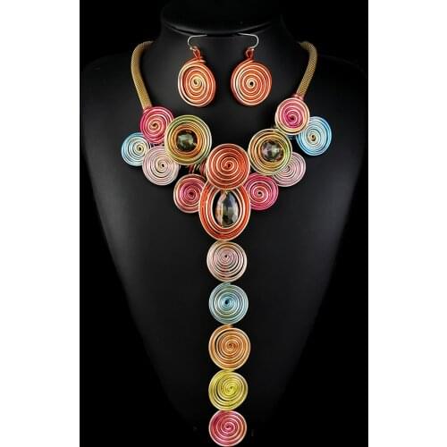 Handmade Statement Necklace Fashion Jewelry Sets With Earrings Colorful Crystal Metal Long Pendant Necklaces Sets Women UKMOC
