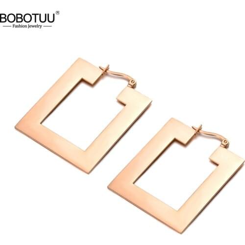 BOBOTUU Hyperbole Stainless Steel Jewelry Rose Gold Hollowed Out Square Hoop Earrings For Women Girls Christmas Gift BE18068