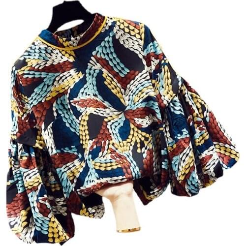 Lantern Sleeved Chiffon Printed Women Blouse Summer Vintage Chinese Style Loose Lightweight Female Pulls Tops