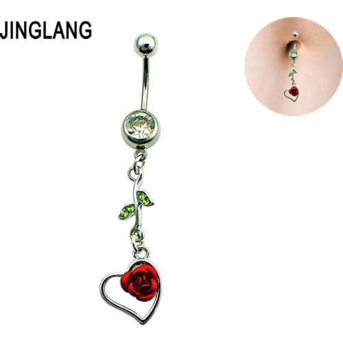 Special Style! DIY Brand New Surgical Steel Dangle Red Rose Navel Piecing Rings For Women Body Jewelry