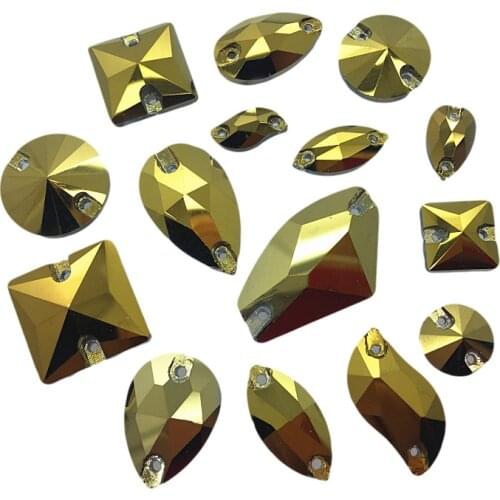 TopStone Gold Hematite Glass Crystal Sew On Stone Drop Round Rectangle Square Mix Shape Glass Rhinestones For Clothing bags