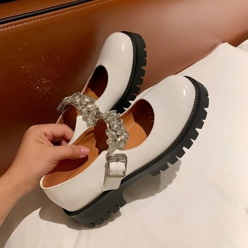 Ochanmeb Natural Genuine Cow Leather Mary Jane Shoes Women Crystal Rhinestone Buckle Pumps Round Toe Chunky Heels Dress Shoe New