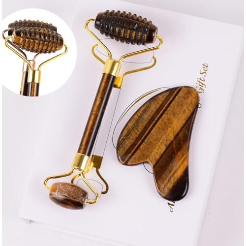 Tiger Eye Gemstone Sawtooth Face Care Roller & Silicone Caps Gua Sha Tools Sets Massager Anti Wrinkle Cellulite Health Tools