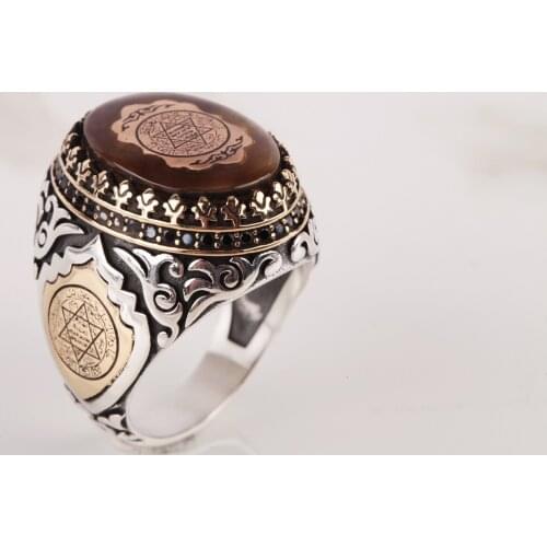 UM US JEWELRY Ottoman War Ensign Motif Amber Gemstone 925 Sterling Silver Men Ring