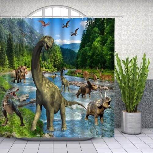 Lovely Bathing Dinosaur Print Shower Curtain 3D Waterproof Bathroom Curtains Shower Accessories Decor Bath Curtains With Hooks