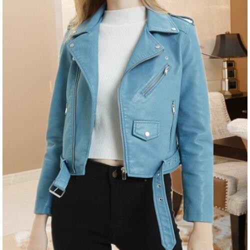 2021 New Fashion Women Autunm Winter Black Blue Fake Faux Leather Jackets Lady PU Zipper Pocket Motorcycle Outerwear Coat Belt