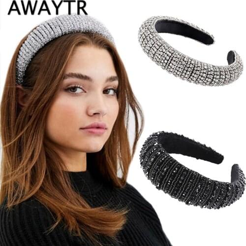 AWAYTR Silver Glitzy Luxury Full Rhinestone Headband for Women Padded Hairband Black Sliver Wide Headwear Hair Accessories