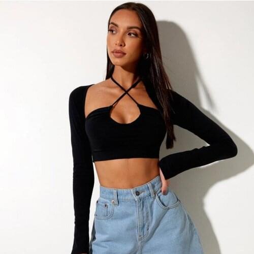 2021 New Long Sleeve Sexy Shirts Blouse Women Halter Cutout Bandage Crop Tops Solid Color Slim Fit Autumn Casual Shirts Female