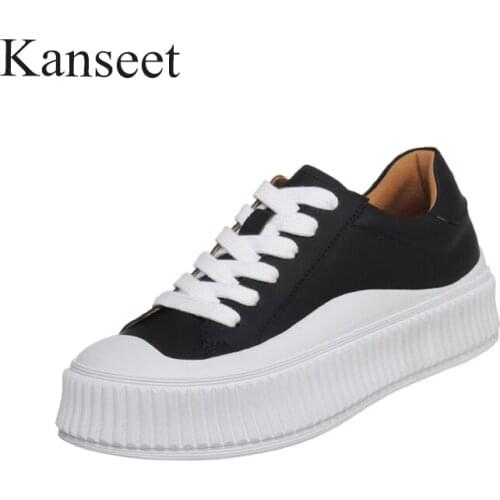 Kanseet 2021 New Spring Autumn Woman Flats Shoes Genuien Leather Round Toe Cross Tied Platform Women Sneakers Black White Shoes