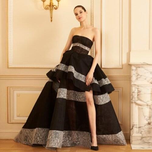 Demure Saudi Arabic Black Ruffles Party Dresses With Lace Edge New Side Split Long Prom Gowns Vestido De Mujer