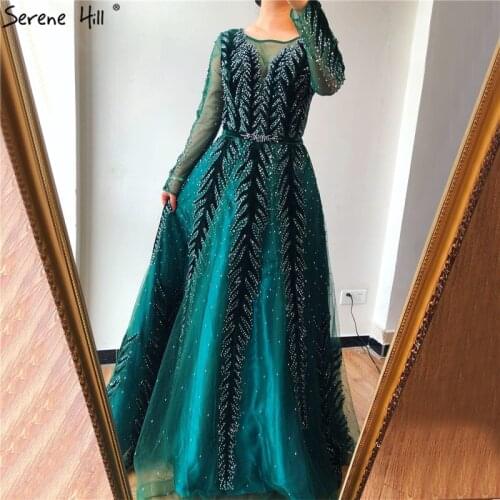 Serene Hill Dubai Design Green Long Sleeves Evening Dress 2020 O-Neck Beading Sequined A-Line Formal Party Gown CLA70040
