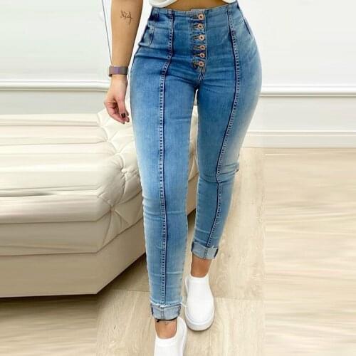 2021 Casual High Waist Fashion Women Ripped Button Pocket Denim Trousers New Design Skinny Plus Size Cotton Skinny Pocket Jeans
