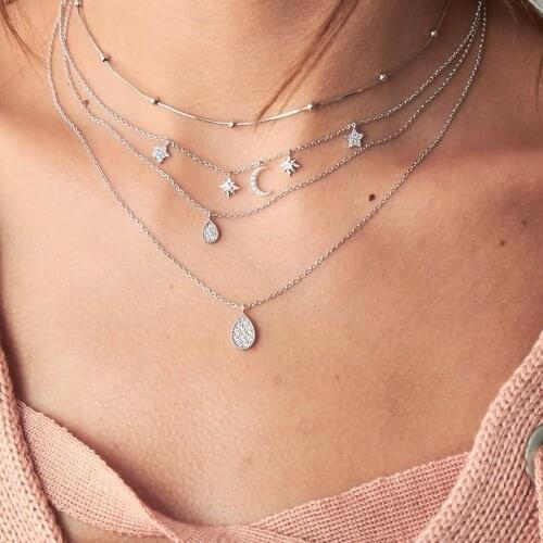 4 Pcs/Set Trendy Choker Crystal Moon Stars Drop Pendant Multilayer Necklace Women Party Wedding Simple Jewelry Accessories