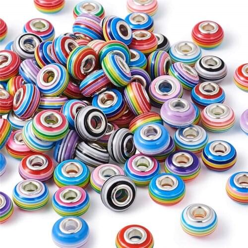 50pcs Color Striped Rondelle Big Hole Murano Spacer Beads fit European Charms Bracelet Bangle DIY Snake Chain for Jewelry Making