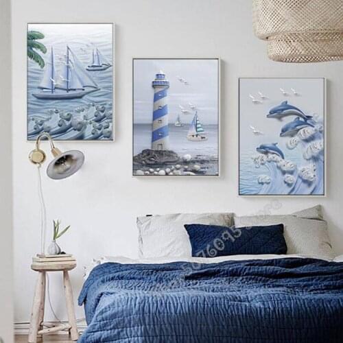 Dolphin Lighthouse Sailing, 5d diamond painting cross stitch 3d embroidery round drill diamond mosaic kids room decor,TT3550