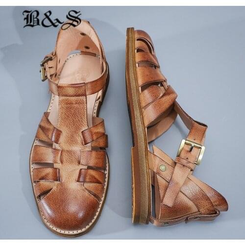 Black&Street Goodyear handmade sewing genuine leather sole retro Roma Summer leather Sandals