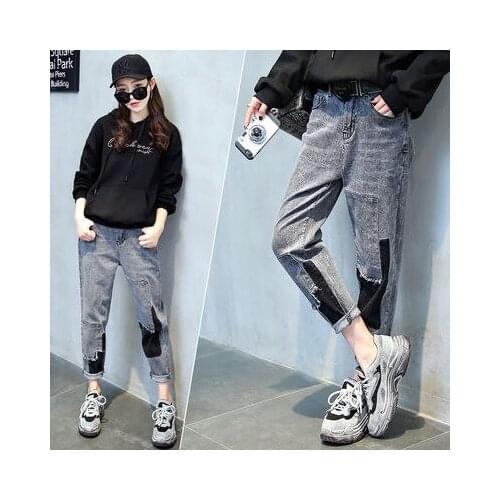 Spring Autumn Korea Fashion Women Jeans High Waist Vintage Hole Loose Denim Pants Casual Lady Ankle-length Pants