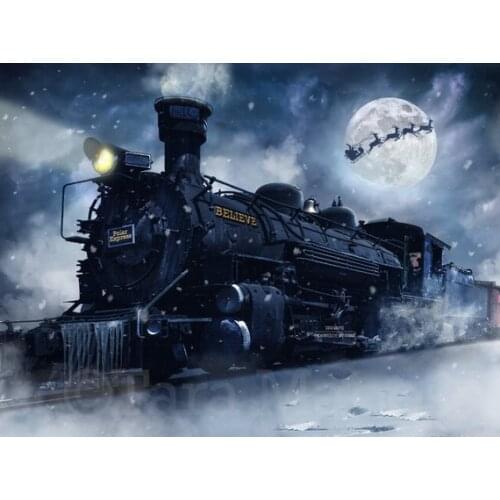 Polar express train full moon winter snow christmas background High quality Computer print party photo backdrop