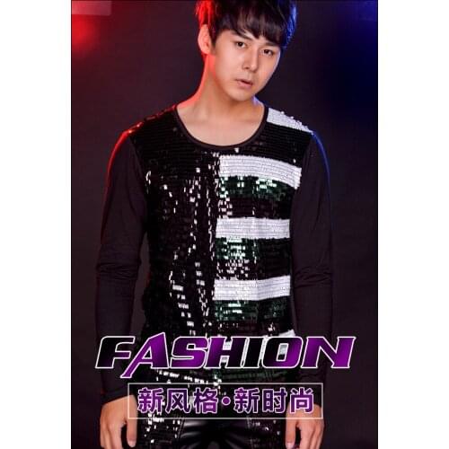 Bar Nightclub Male Singer Rock long-sleeved splicing Sequined T-shirt Party Concert Stage show Dance costume