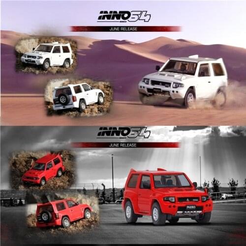 INNO 1:64 MITSUBISHI PAJERO EVO With Extra Wheels White/Red Diecast Model Car