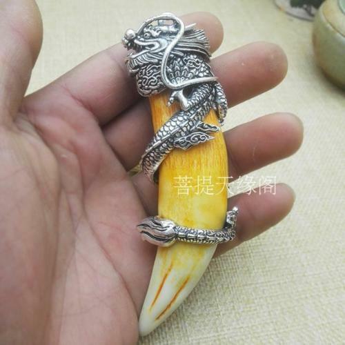 China Tibetan Silver Coiled Dragon Inlay Pendant evil safe teeth tiger teeth