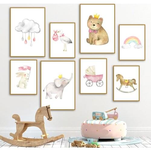 Cute Rabbit Bear Elephant Rainbow Clouds Nordic Posters And Prints Wall Art Canvas Painting Wall Pictures Baby Kids Room Decor