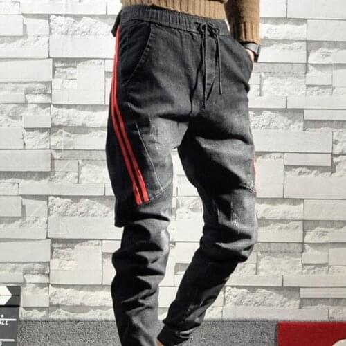 Winter Striped Pencil Jeans Men Fashion 2020 Slim Fit Elastic Waist Drawstring Harem Pants Street Style Hip Hop Denim Trousers