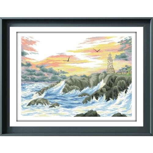 Lighthouse cross stitch kits seaside sunset pattern design 18ct 14ct 11ct unprint canvas embroidery DIY needlework