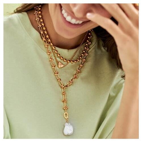 2021 women new chunky knot links chain statement freswater pearl Pendant Necklace larit long gold plated fashion jewelry bijoux