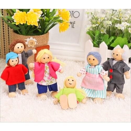 New 6Pcs Wooden Jointed Dolls Happy Doll Family Miniature Toy Children Muppet Pretend Toys Story-telling Dressed Characters