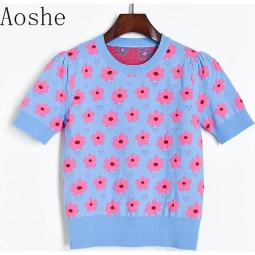 Runway Tshirt Floral Jacquard Knit Sweetheart Hollow Out T Shirts Tops 2020 New O-neck Puff Sleeve Tshirt Fashion Women Sweater