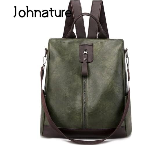Johnature Casual Shoulder Bag Women Backpack 2021 New Large Capacity Travel Bags Soft Leather Fashion Student Schoolbag