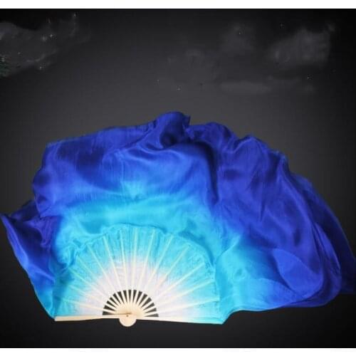 Professional Real Silk Fan Veil Pair(1L+1R) Chinese Silk Fan Belly Dancing Props White Royal Blue Gradient Sequin Folding Fan