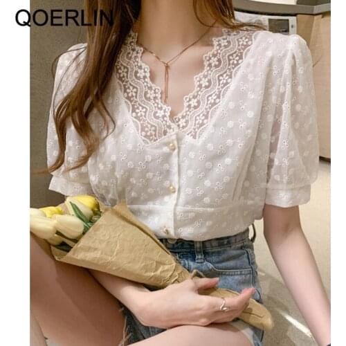 QOERLIN 2021 Summer Korean V-neck Lace Shirts Women Plus Size Hollow Short Sleeve Shirt Female Top Single-Breasted White Blouse