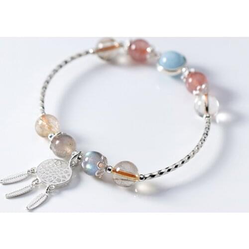 Real. 925 Silver Jewelry round Natural Strawberry Quartz Moonstone &aquamarine Cuff Bracelet dreamcatcher Charms C-S3319