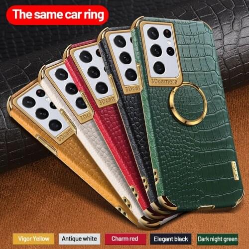 Luxury Ring Holder Leather Phone Case For Samsung Galaxy S21 S20 FE S10 Note 20 10 Plus A21 Plating Metal Magnetic Bracket Cover