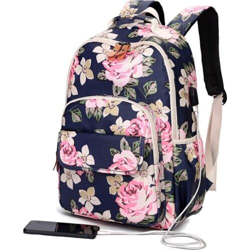 Floral Print USB Charging Backpacks Women School Bag Backpack for Teenage Girls Mochila Casual Travel Daily Bagpack Female